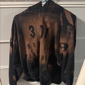 Bleached Black Graphic Hoodie - Brown Accent